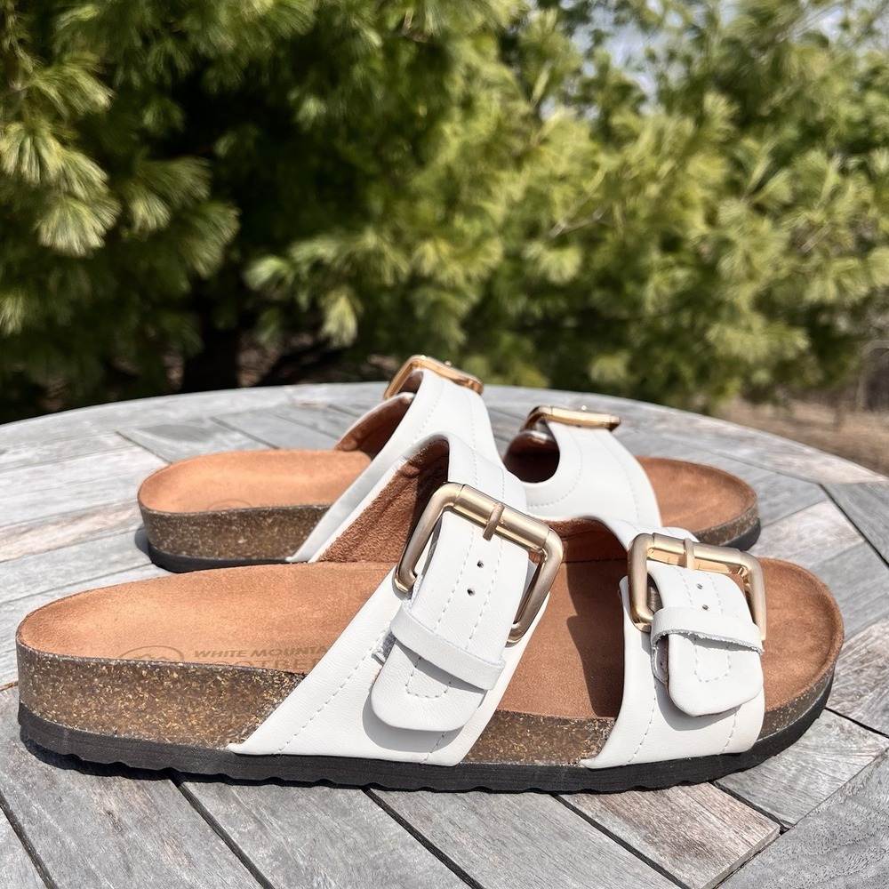 White Mountain Griffin Sandal Wmns Size 9 White Leather Double Strap Buckle Cork